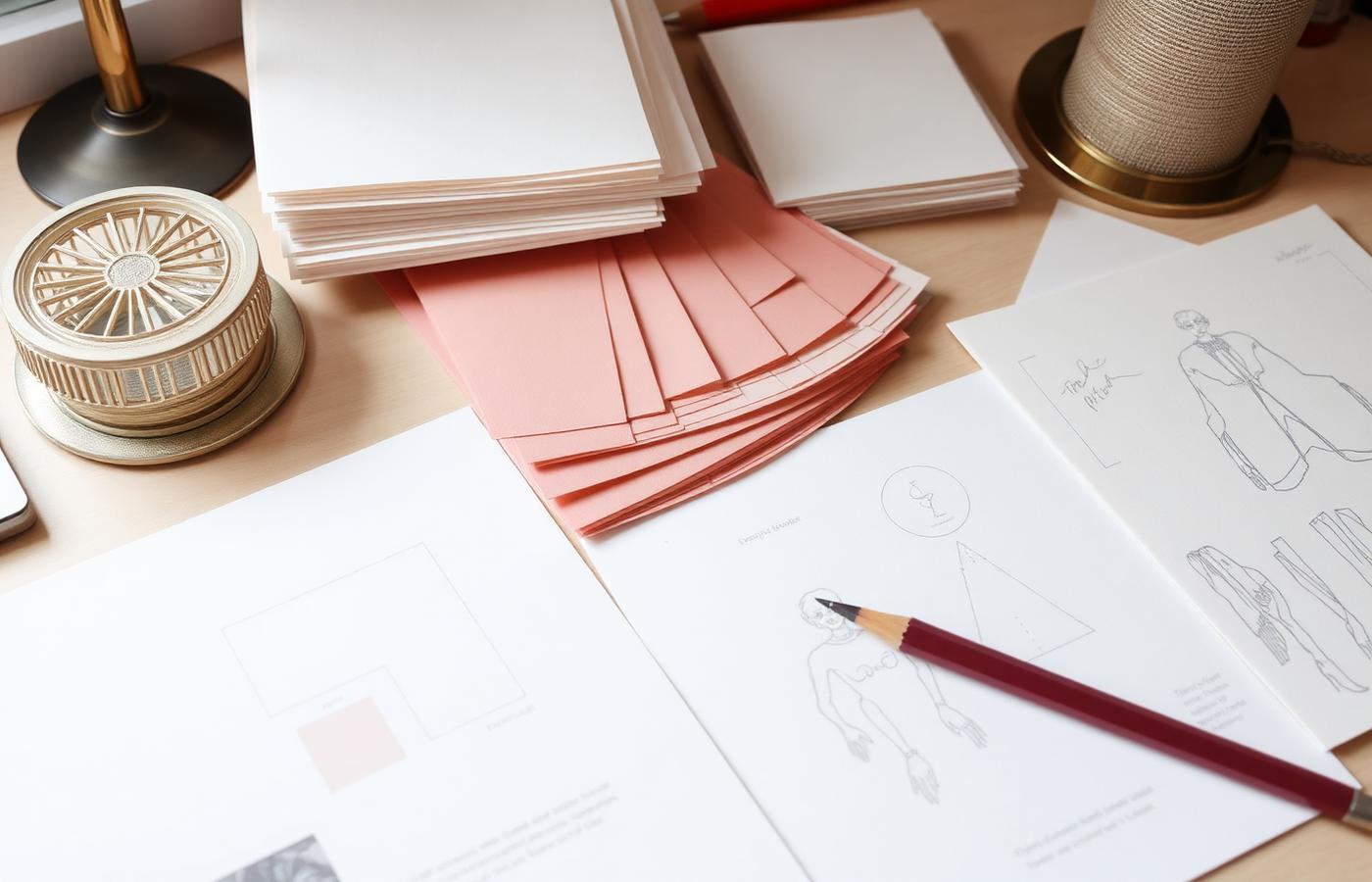 Design studio desk with paper swatches and stationery sketches