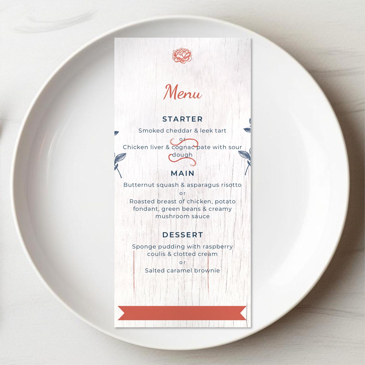 White Wood Floral Menu Card