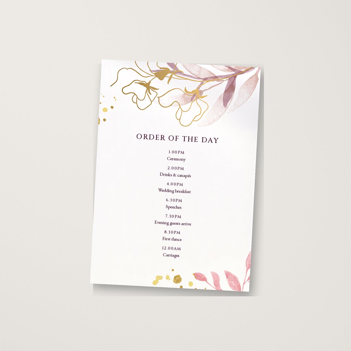 Romantic Watercolour Itinerary / Order of the Day