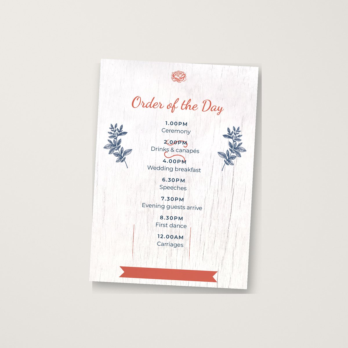 White Wood Floral Itinerary / Order of the Day