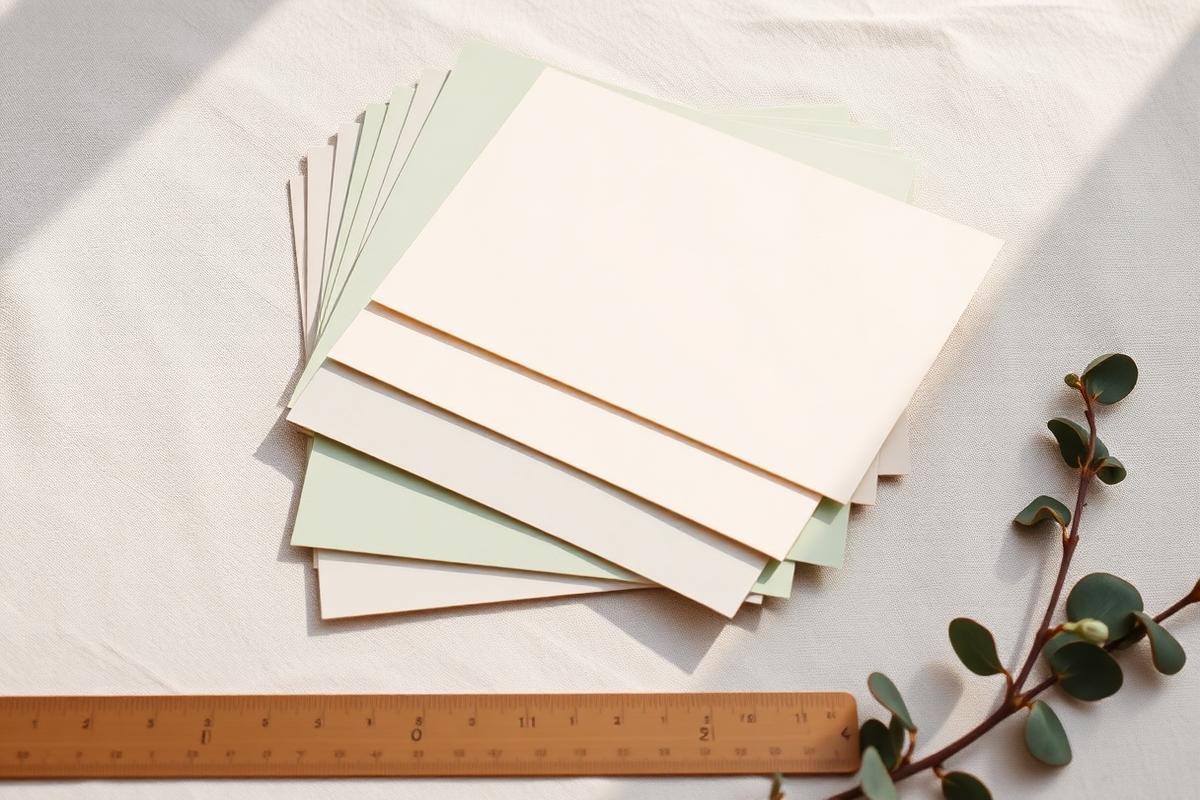 Luxury blank card stock swatches in ivory and sage fanned out beside a brass ruler