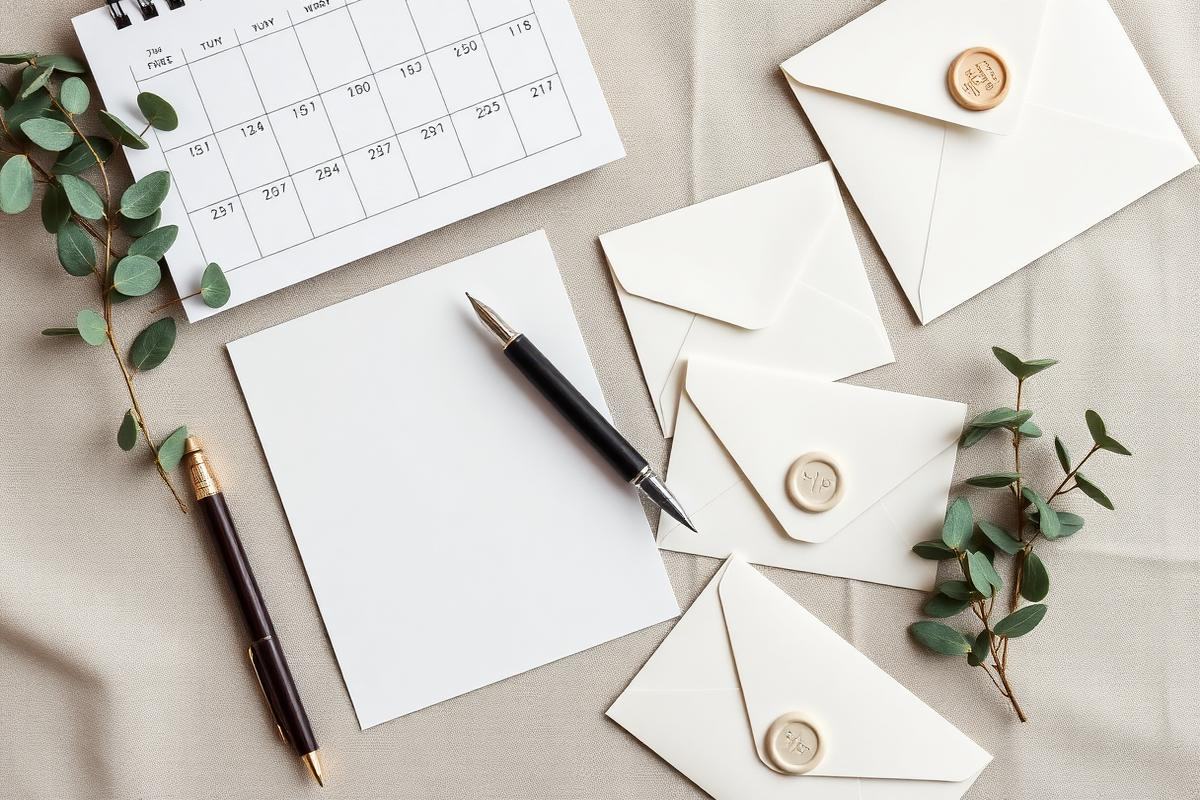 Wedding stationery planning desk with calendar, fountain pen and wax-sealed ivory envelopes