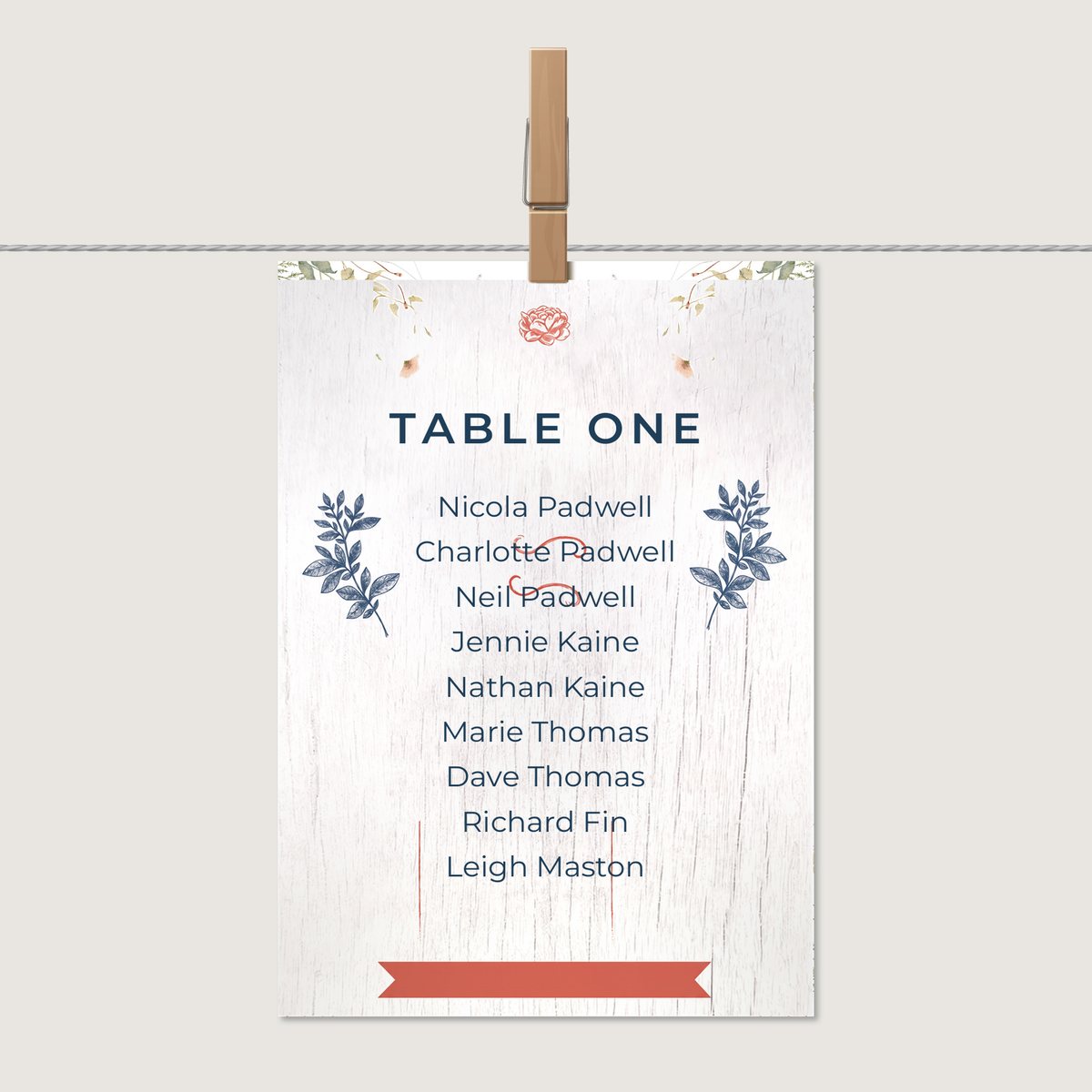 White Wood Floral Table Number or Name Card